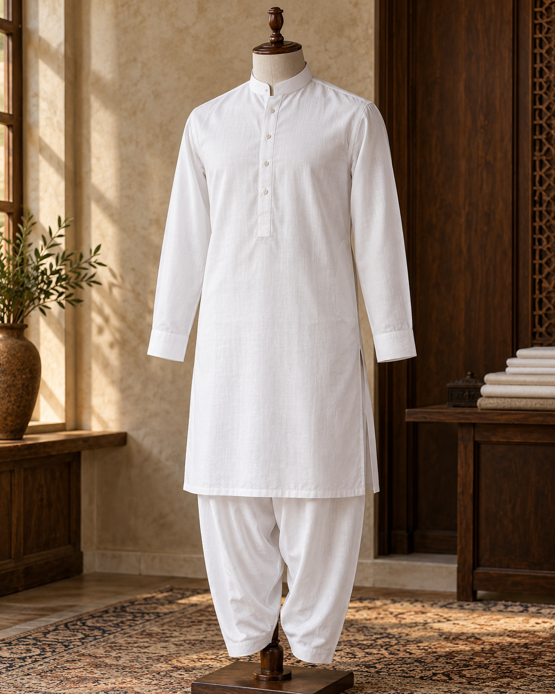 Illustrative white cotton kurta and shalwar, showing its band collar and precise stitching without a waistcoat